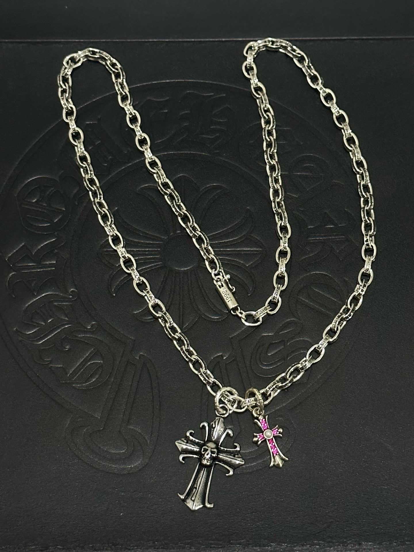 Chrome Hearts Silver Cross Pendant Necklace with Pink Crystal Accents